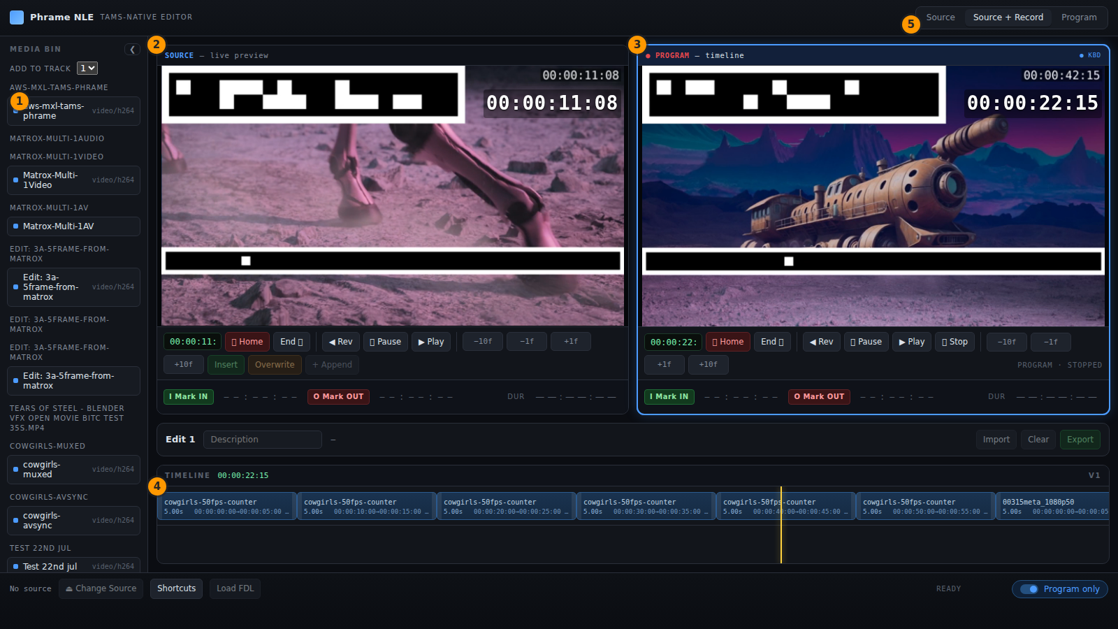 The editor: media bin, source and program monitors, and the timeline.