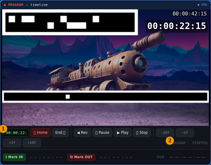 The program monitor shows the server-rendered timeline, delivered as one WebRTC stream.